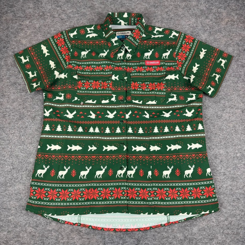 Magellan Christmas Shirt Laguna Madre Button Down Green Womens Medium M